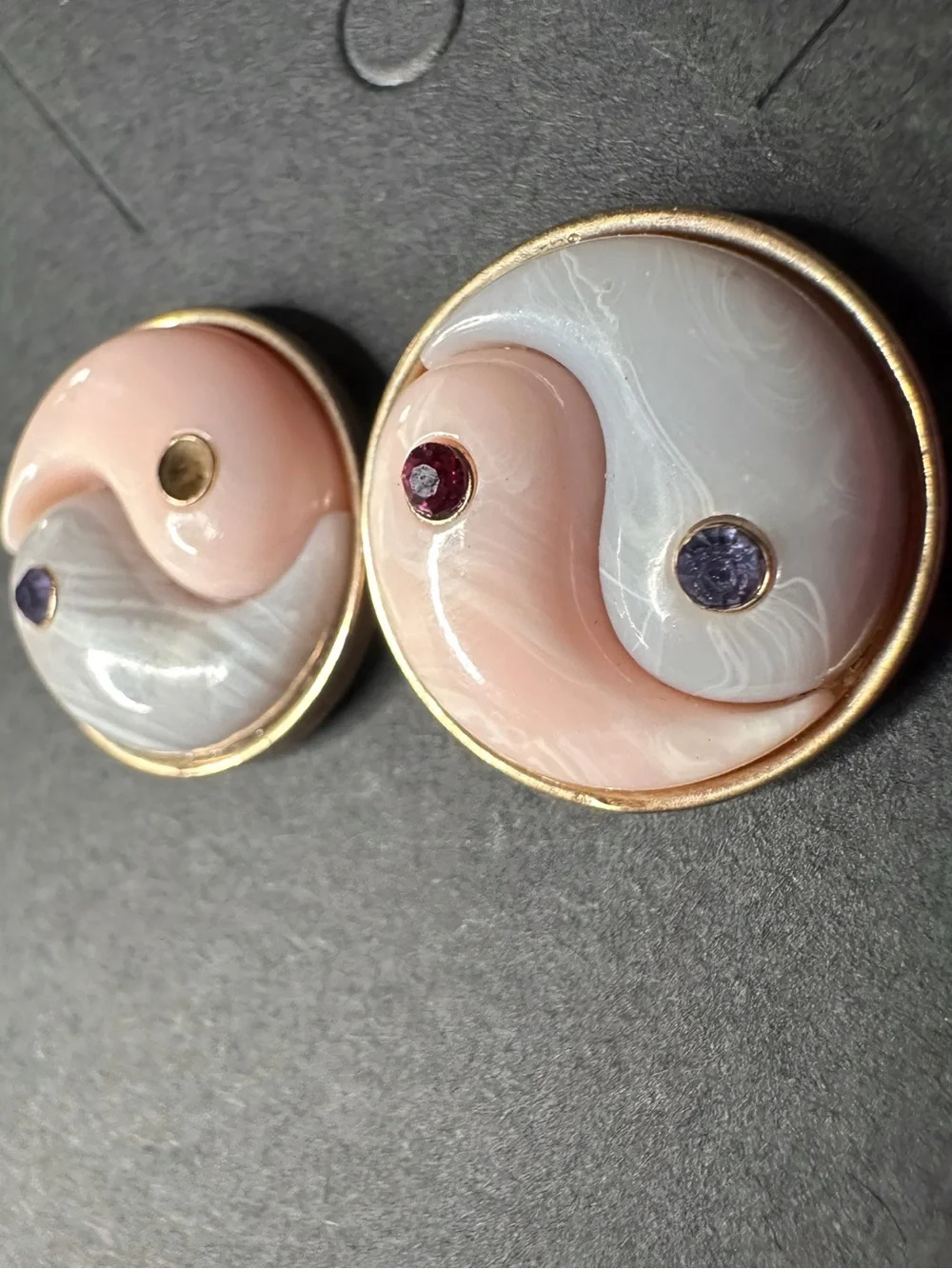 Betsey Johnson Gold-Trim Yin Yang Stud Earrings in Pink and Light Gray